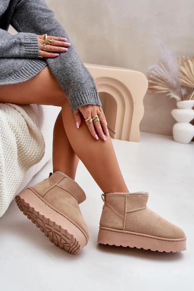 Śniegowce Damskie Na Platformie Ocieplane Futerkiem Beżowe Xamella