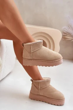 Śniegowce Damskie Na Platformie Ocieplane Futerkiem Beżowe Xamella