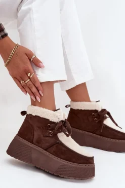 Śniegowce Damskie Na Platformie Z Futerkiem Brązowe Florivelle