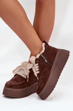 Śniegowce Damskie Na Platformie Z Futerkiem Typu Baranek Brązowe Luma