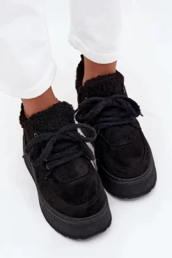 Śniegowce Damskie Na Platformie Z Futerkiem Typu Baranek Czarne Luma
