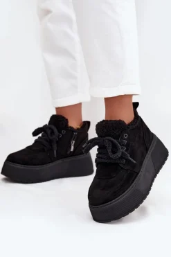 Śniegowce Damskie Na Platformie Z Futerkiem Typu Baranek Czarne Luma