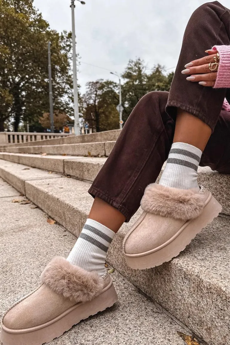 Śniegowce Damskie Na Platformie Z Futerkiem I Haftem Beżowe Querina