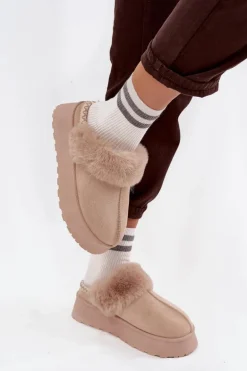 Śniegowce Damskie Na Platformie Z Futerkiem I Haftem Beżowe Querina