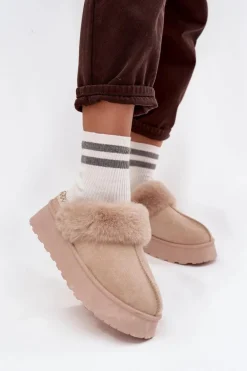 Śniegowce Damskie Na Platformie Z Futerkiem I Haftem Beżowe Querina