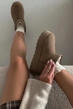 Śniegowce Damskie Na Platformie Ocieplane Futerkiem Khaki Vesirae