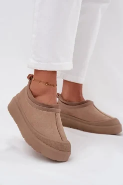 Śniegowce Damskie Na Platformie Z Niską Cholewką Ciemnobeżowe Izamine