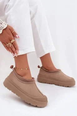 Śniegowce Damskie Na Platformie Z Niską Cholewką Ciemnobeżowe Izamine