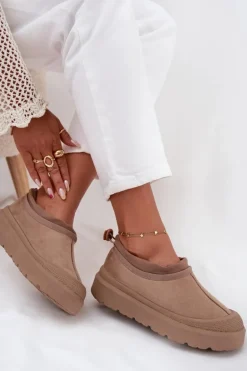 Śniegowce Damskie Na Platformie Z Niską Cholewką Ciemnobeżowe Izamine