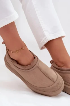 Śniegowce Damskie Na Platformie Z Niską Cholewką Ciemnobeżowe Izamine