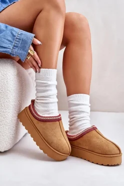 Śniegowce Damskie Na Platformie Ocieplane Futerkiem Camel Remenia