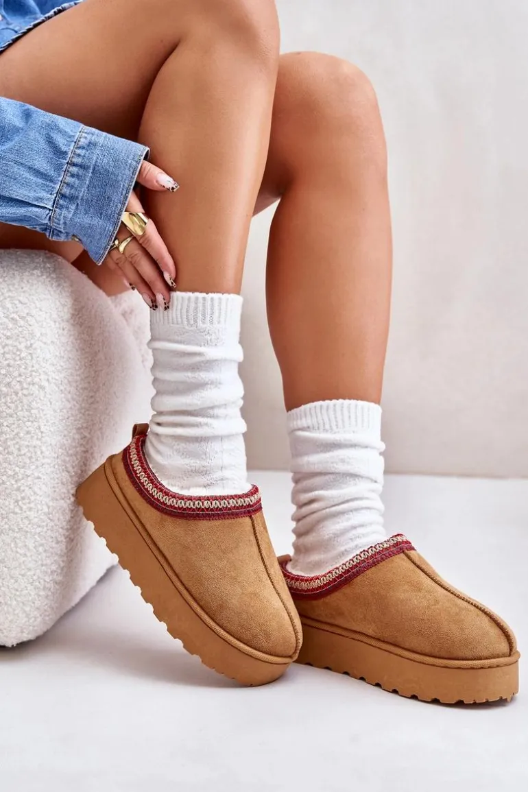 Śniegowce Damskie Na Platformie Ocieplane Futerkiem Camel Remenia