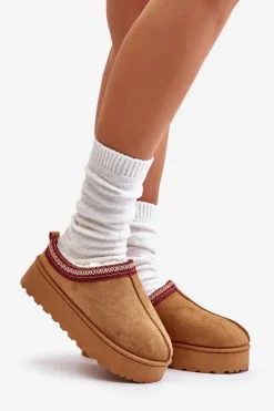 Śniegowce Damskie Na Platformie Ocieplane Futerkiem Camel Remenia