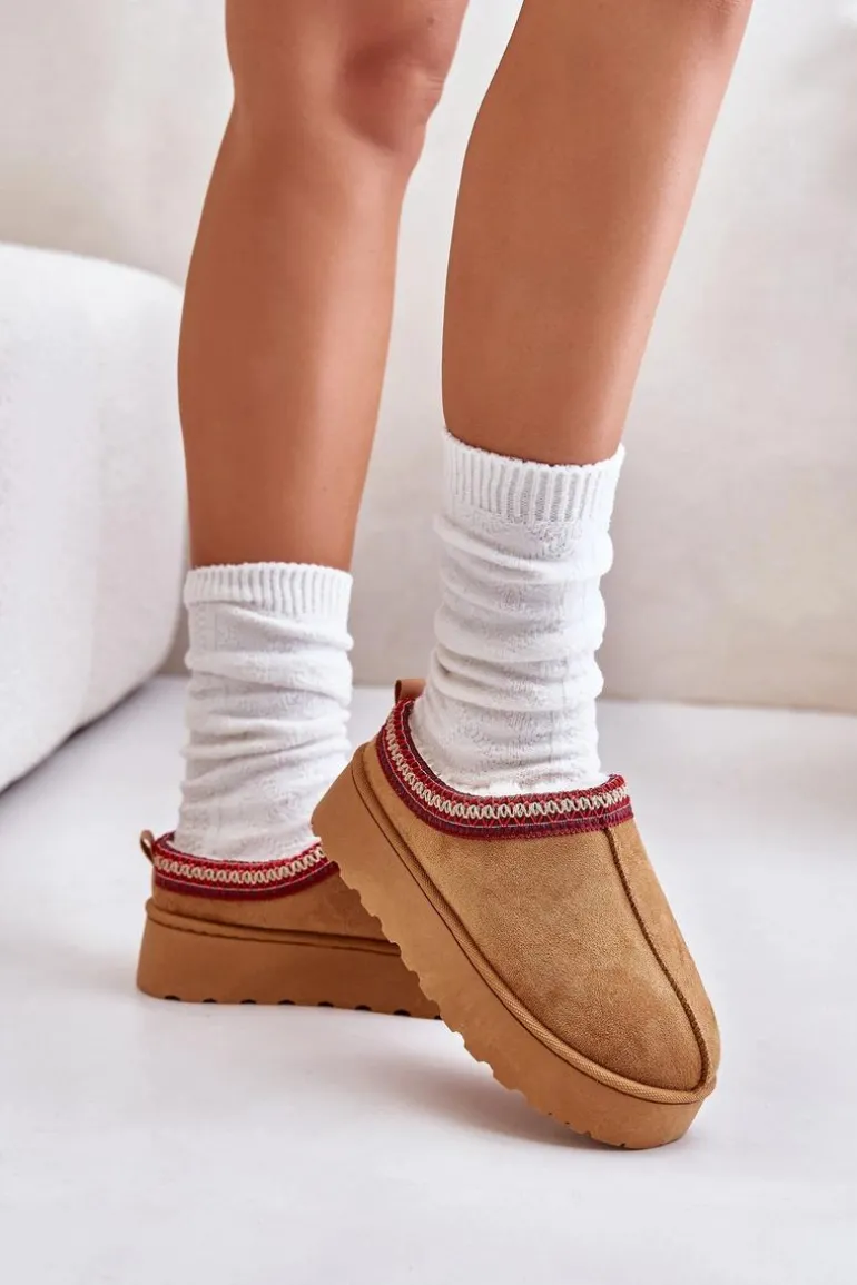 Śniegowce Damskie Na Platformie Ocieplane Futerkiem Camel Remenia