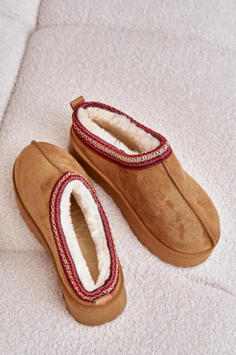 Śniegowce Damskie Na Platformie Ocieplane Futerkiem Camel Remenia