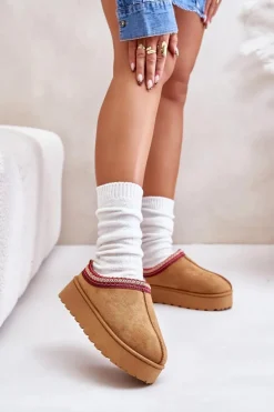 Śniegowce Damskie Na Platformie Ocieplane Futerkiem Camel Remenia