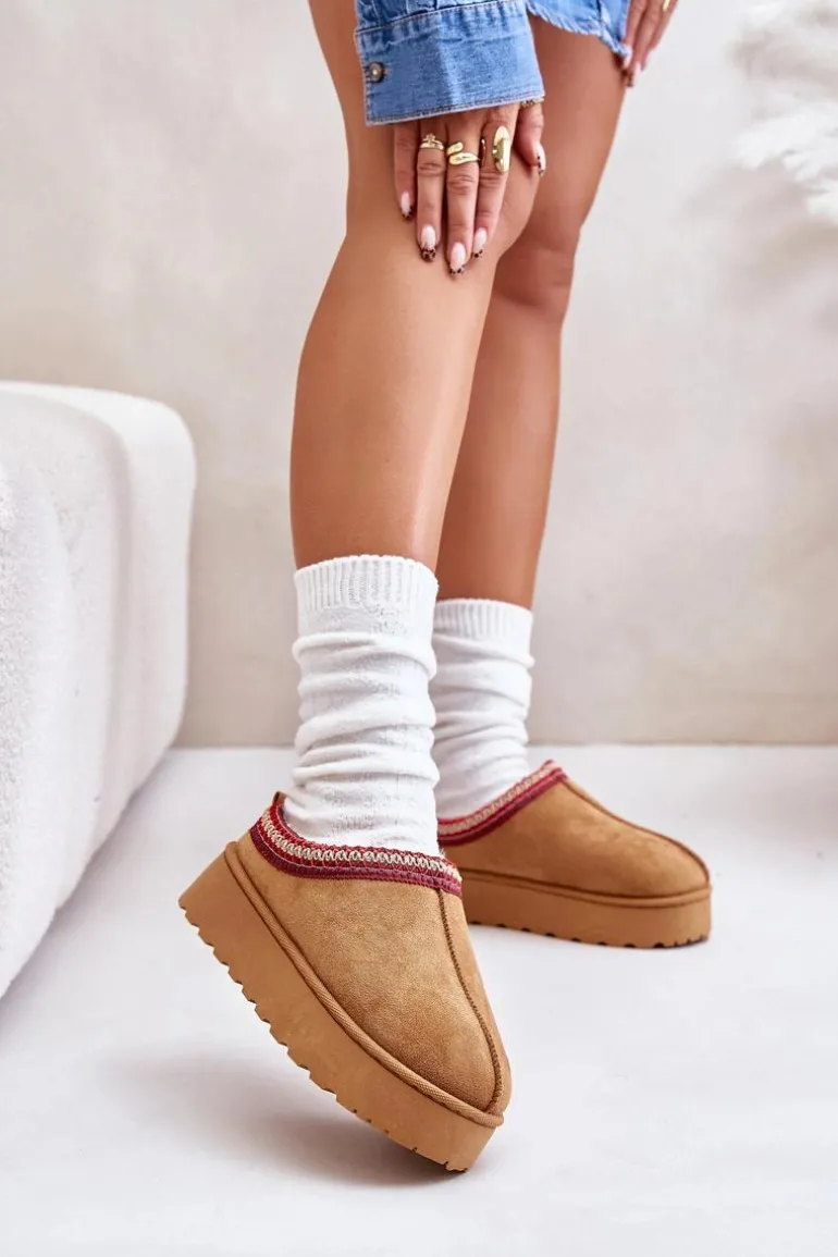 Śniegowce Damskie Na Platformie Ocieplane Futerkiem Camel Remenia