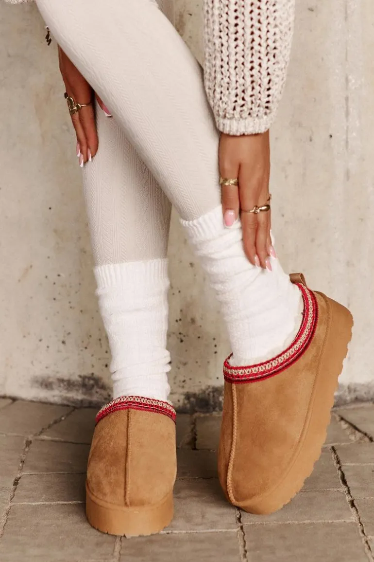 Śniegowce Damskie Na Platformie Ocieplane Futerkiem Camel Remenia