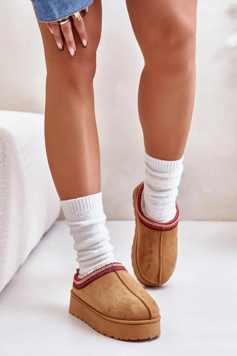 Śniegowce Damskie Na Platformie Ocieplane Futerkiem Camel Remenia