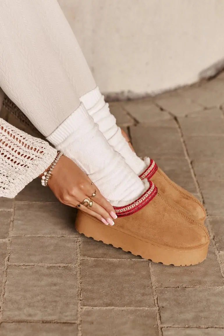 Śniegowce Damskie Na Platformie Ocieplane Futerkiem Camel Remenia