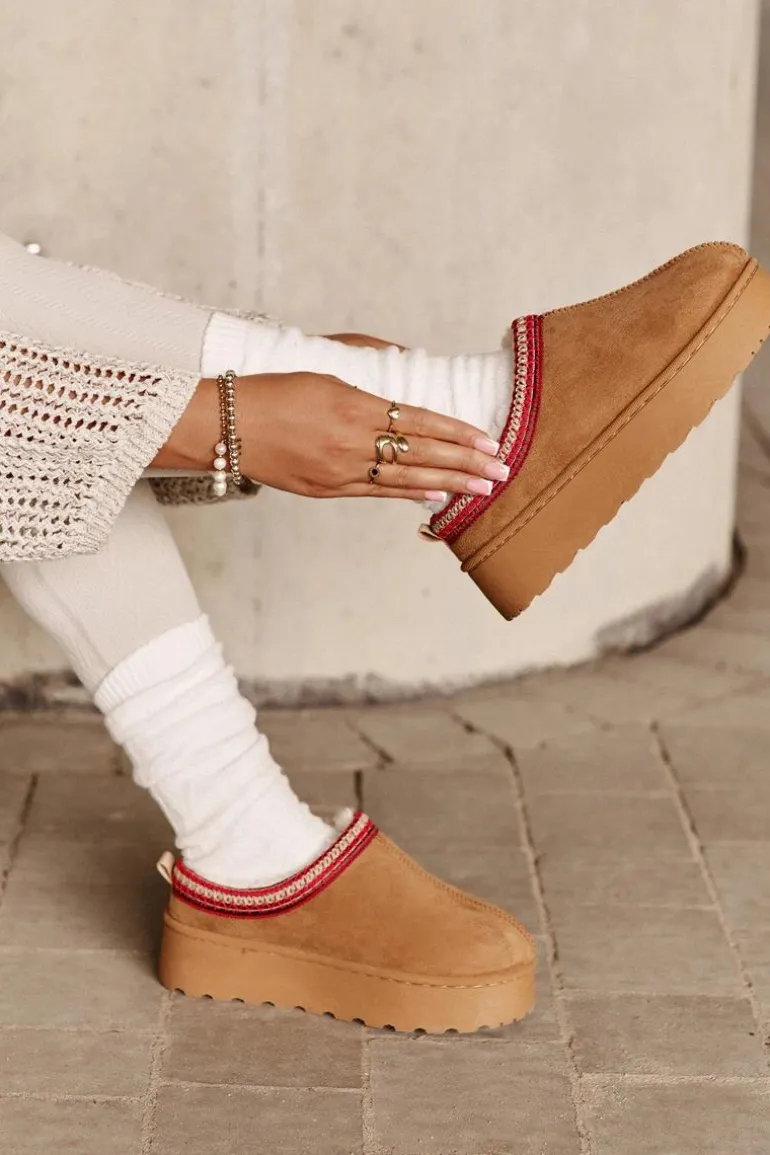 Śniegowce Damskie Na Platformie Ocieplane Futerkiem Camel Remenia