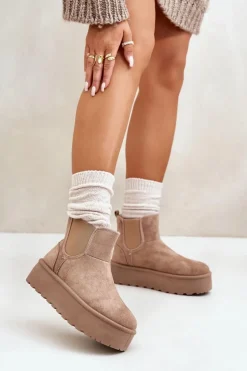 Śniegowce Damskie Na Platformie Z Elastycznymi Wstawkami Ciemnobeżowe Rialine