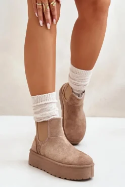 Śniegowce Damskie Na Platformie Z Elastycznymi Wstawkami Ciemnobeżowe Rialine