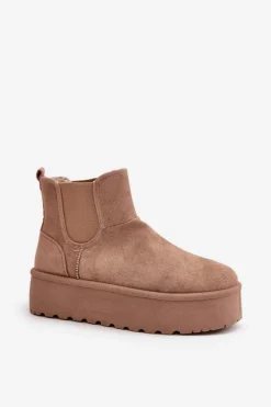 Śniegowce Damskie Na Platformie Z Elastycznymi Wstawkami Ciemnobeżowe Rialine