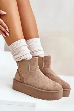 Śniegowce Damskie Na Platformie Z Elastycznymi Wstawkami Ciemnobeżowe Rialine