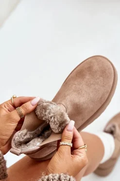 Śniegowce Damskie Na Platformie Z Elastycznymi Wstawkami Ciemnobeżowe Rialine