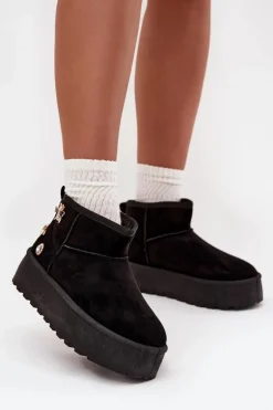 Śniegowce Damskie Na Platformie Z Przypinkami Czarne Maelle