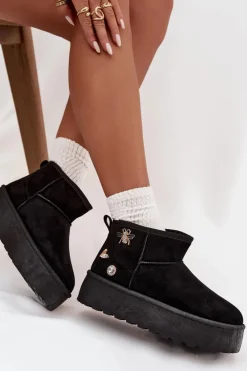 Śniegowce Damskie Na Platformie Z Przypinkami Czarne Maelle