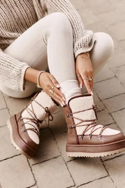 Śniegowce Damskie Na Platformie Z Wiązaniem Brązowe Riaviana