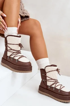 Śniegowce Damskie Na Platformie Z Wiązaniem Brązowe Riaviana