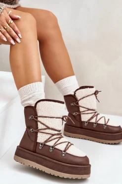 Śniegowce Damskie Na Platformie Z Wiązaniem Brązowe Riaviana