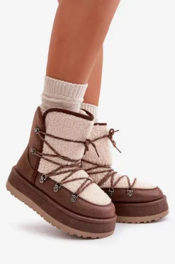 Śniegowce Damskie Na Platformie Z Wiązaniem Brązowe Riaviana