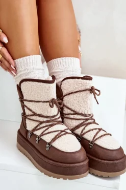 Śniegowce Damskie Na Platformie Z Wiązaniem Brązowe Riaviana