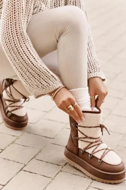 Śniegowce Damskie Na Platformie Z Wiązaniem Brązowe Riaviana