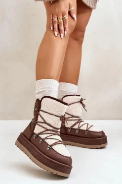 Śniegowce Damskie Na Platformie Z Wiązaniem Brązowe Riaviana