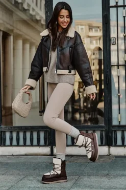 Śniegowce Damskie Na Platformie Z Wiązaniem Brązowe Riaviana