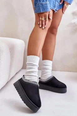 Śniegowce Damskie Na Platformie Ocieplane Futerkiem Czarne Remenia