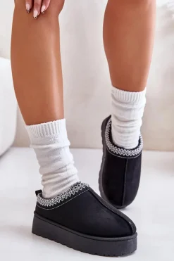 Śniegowce Damskie Na Platformie Ocieplane Futerkiem Czarne Remenia