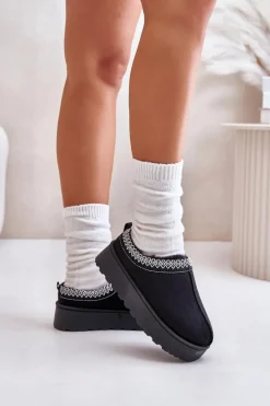 Śniegowce Damskie Na Platformie Ocieplane Futerkiem Czarne Remenia