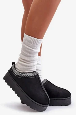 Śniegowce Damskie Na Platformie Ocieplane Futerkiem Czarne Remenia