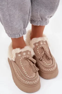 Śniegowce Damskie Na Platformie Z Futerkiem I Frędzlami Beżowe Ferayne