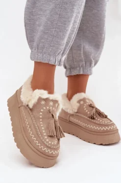 Śniegowce Damskie Na Platformie Z Futerkiem I Frędzlami Beżowe Ferayne