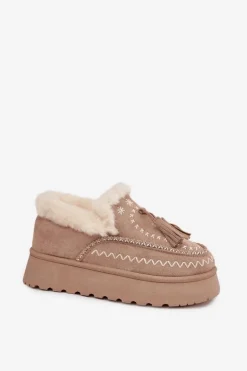 Śniegowce Damskie Na Platformie Z Futerkiem I Frędzlami Beżowe Ferayne