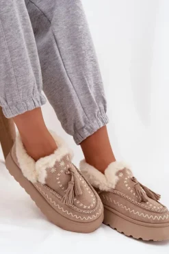 Śniegowce Damskie Na Platformie Z Futerkiem I Frędzlami Beżowe Ferayne