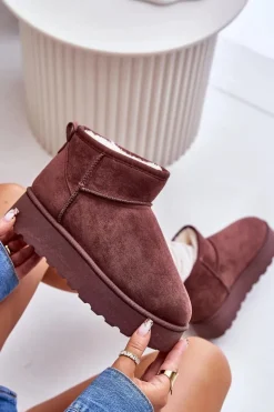 Śniegowce Damskie Na Platformie Ocieplane Futerkiem Ciemnobrązowe Xamella