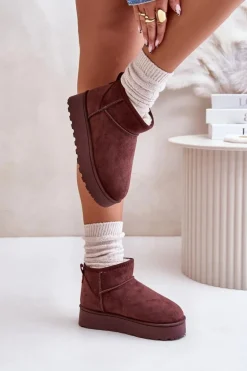 Śniegowce Damskie Na Platformie Ocieplane Futerkiem Ciemnobrązowe Xamella